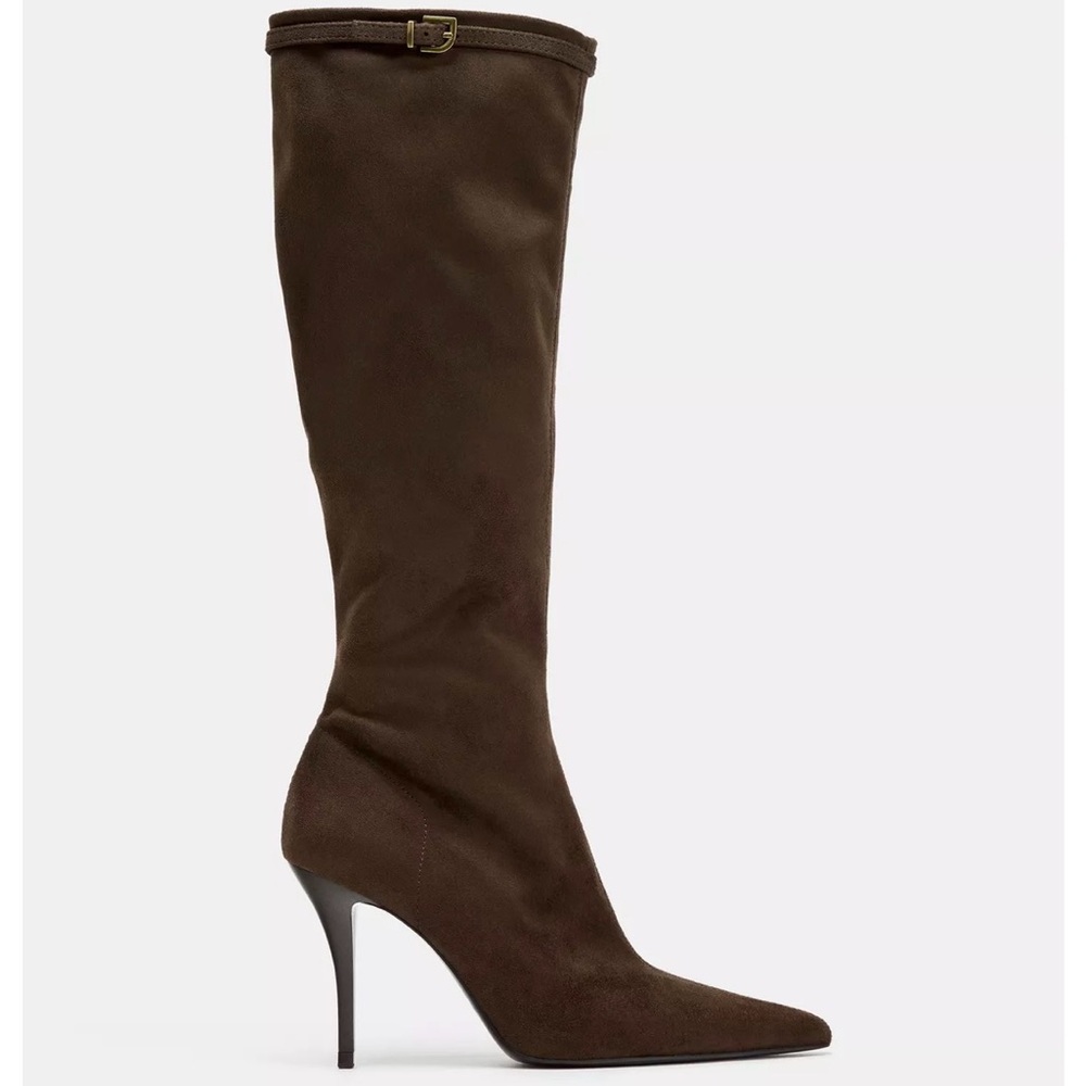 NWT Zara Buckle Heel Boots in Chocolate Brown